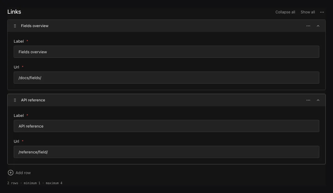 An expanded Links array in the Ridu admin with two ordered, populated rows.