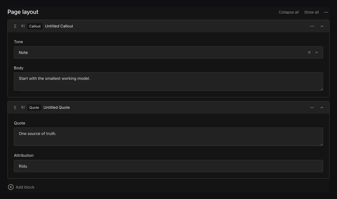 An expanded Page layout Blocks field in the Ridu admin with populated Callout and Quote blocks.