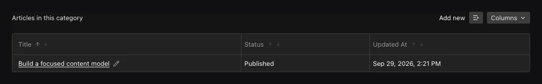 A populated Articles in this category Join field in the Ridu admin showing the related article row.