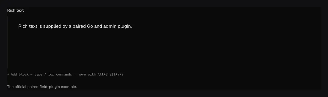 The official Rich text plugin field in the Ridu admin with populated portable editor content.