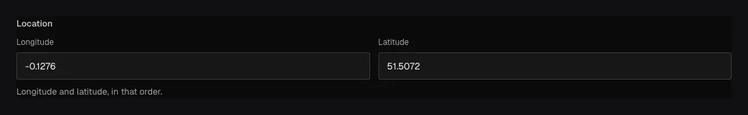 A populated Location point field in the Ridu admin with longitude and latitude controls.