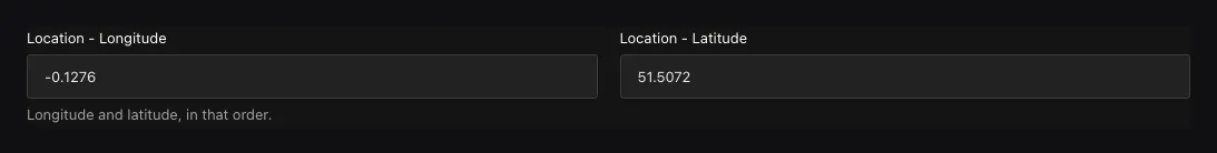 A populated Location point field in the Ridu admin with longitude and latitude controls.