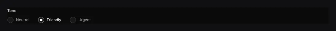 A Tone radio field in the Ridu admin with Friendly selected from three visible choices.