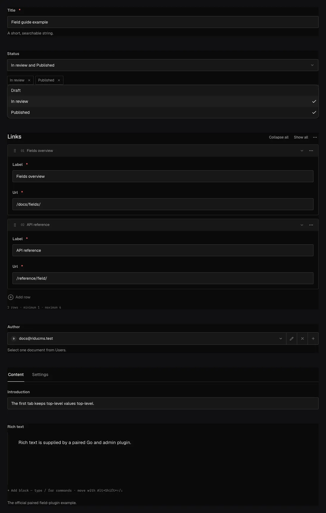A clean overview of representative Ridu field controls: text, select, array, relationship, tabs, and rich text.