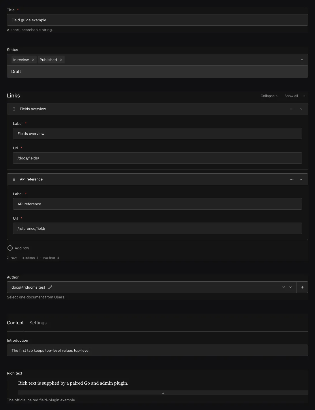 A clean overview of representative Ridu field controls: text, select, array, relationship, tabs, and rich text.