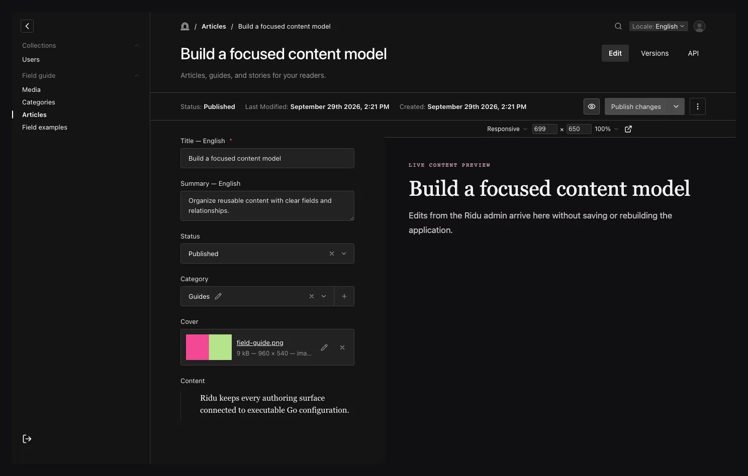 A focused Ridu Article editor beside its connected responsive live-preview panel, showing the current title in the separate preview application.