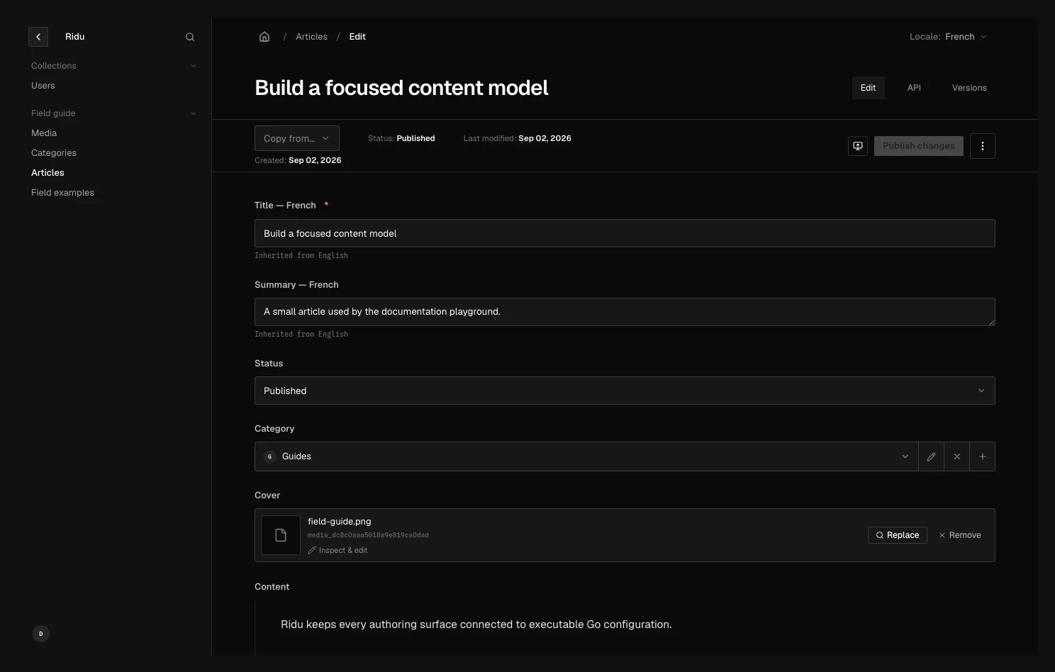 A focused Ridu Article editor in the French content locale, showing inherited English title and summary values beside shared relationship and upload fields.