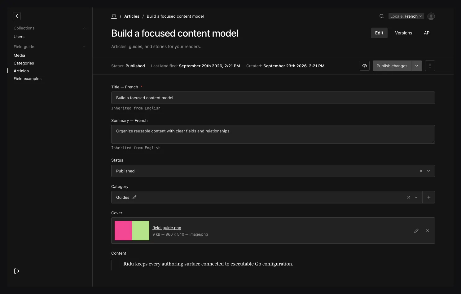 A focused Ridu Article editor in the French content locale, showing inherited English title and summary values beside shared relationship and upload fields.