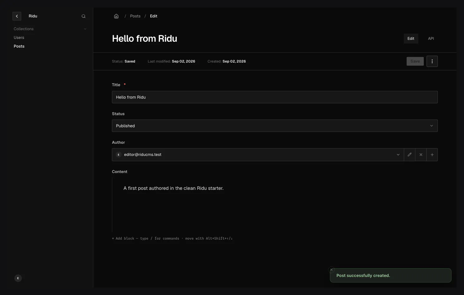 A Post editor showing a published status, selected author, populated rich text, document tabs, and a successful-create notice.