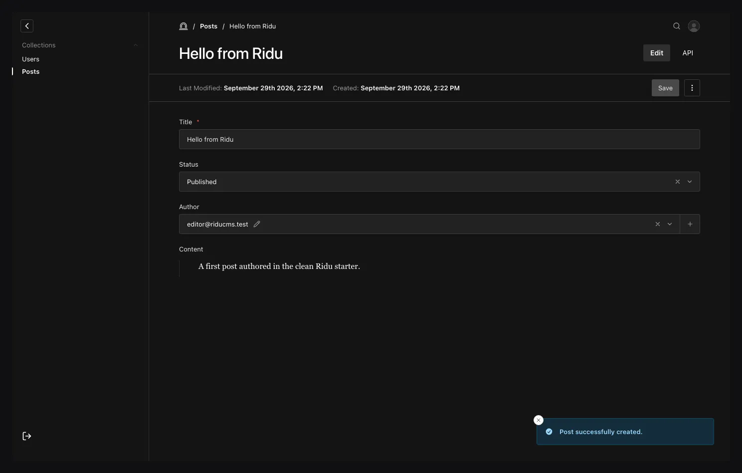 The generated Ridu admin form for a post, with title, status, author, and content.