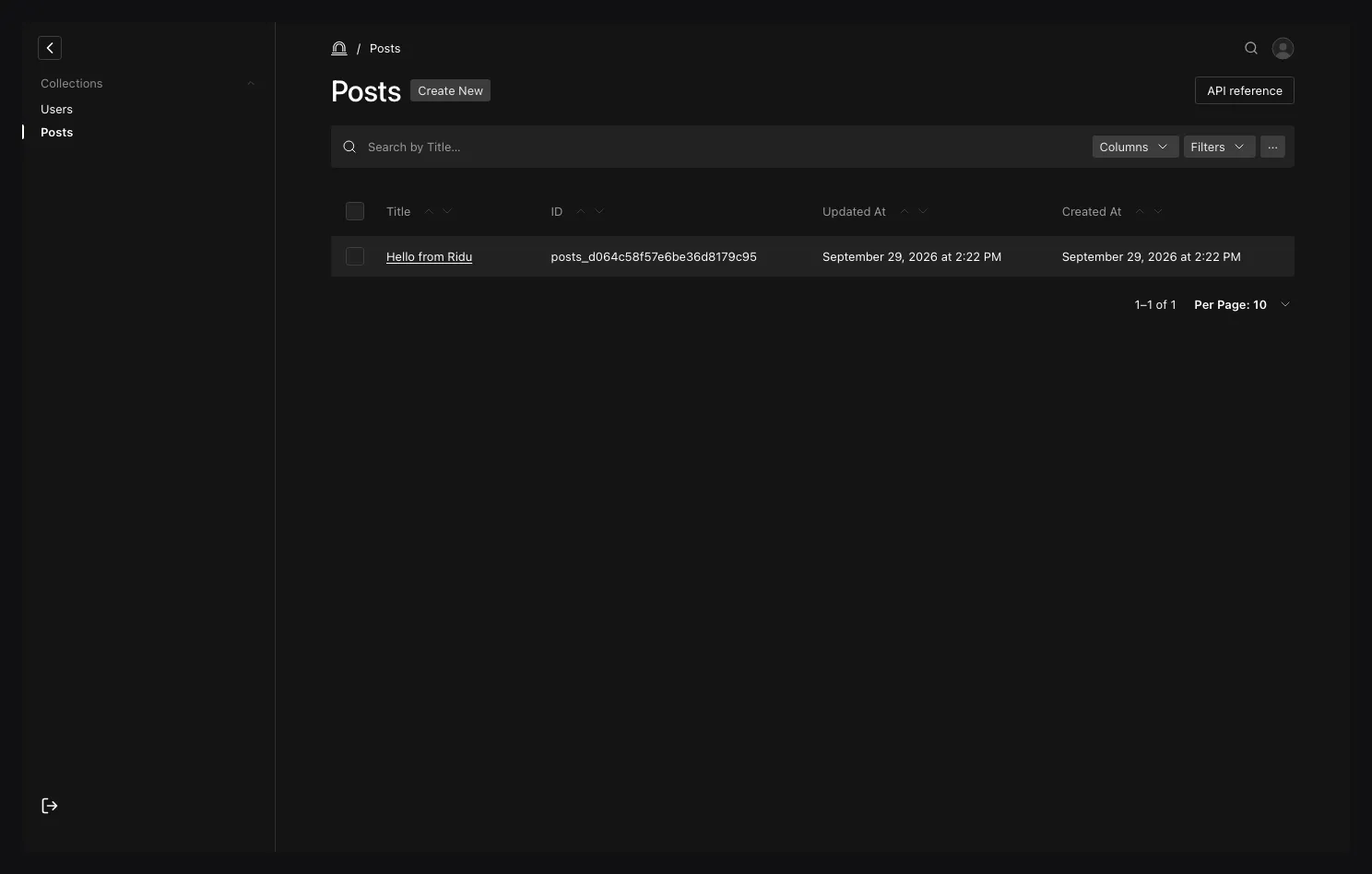 A Posts list in the Ridu admin showing one published post with search, filter, column, saved-view, sort, and selection controls.