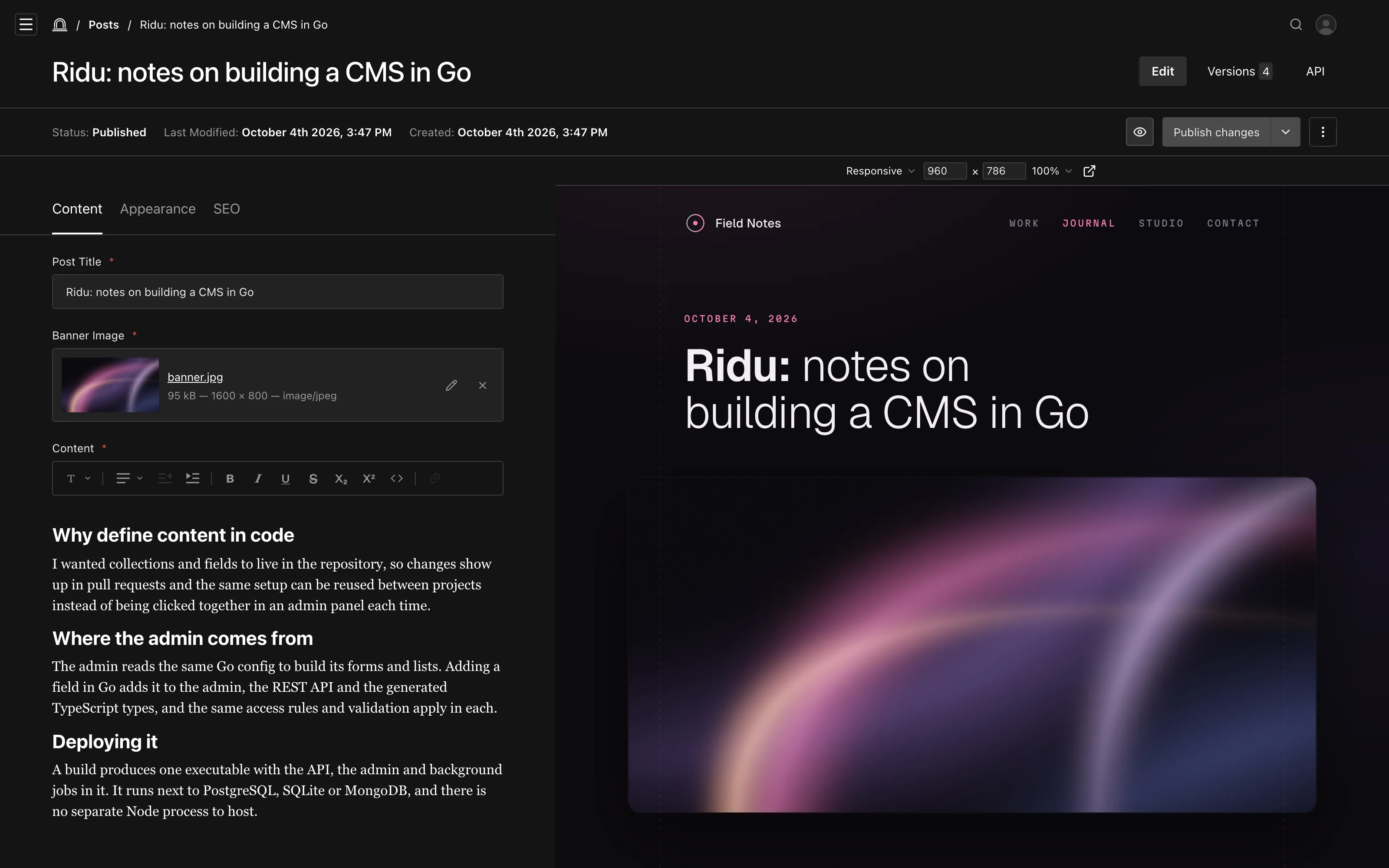 A rich-text editor with a fixed toolbar and no gutter, beside a live preview.