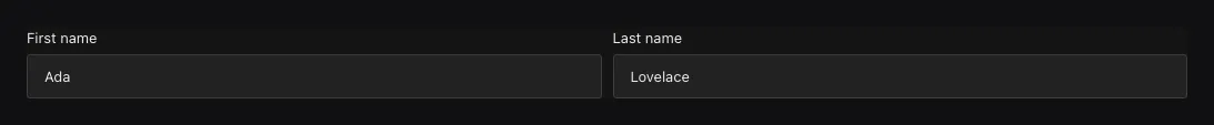 A Row layout in the Ridu admin placing populated First name and Last name controls side by side.