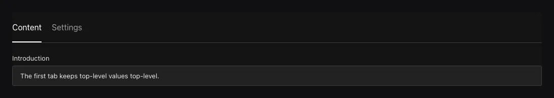 A Tabs field in the Ridu admin with the Content tab active and Settings available beside it.